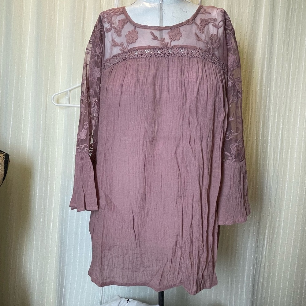 Elegant Mauve rose pink Lace Blouse with bell sleeves